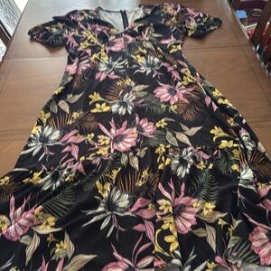 Fourteenth Place Maxi Dress Tropical Floral Print 2X Black Yellow Pink EUC
